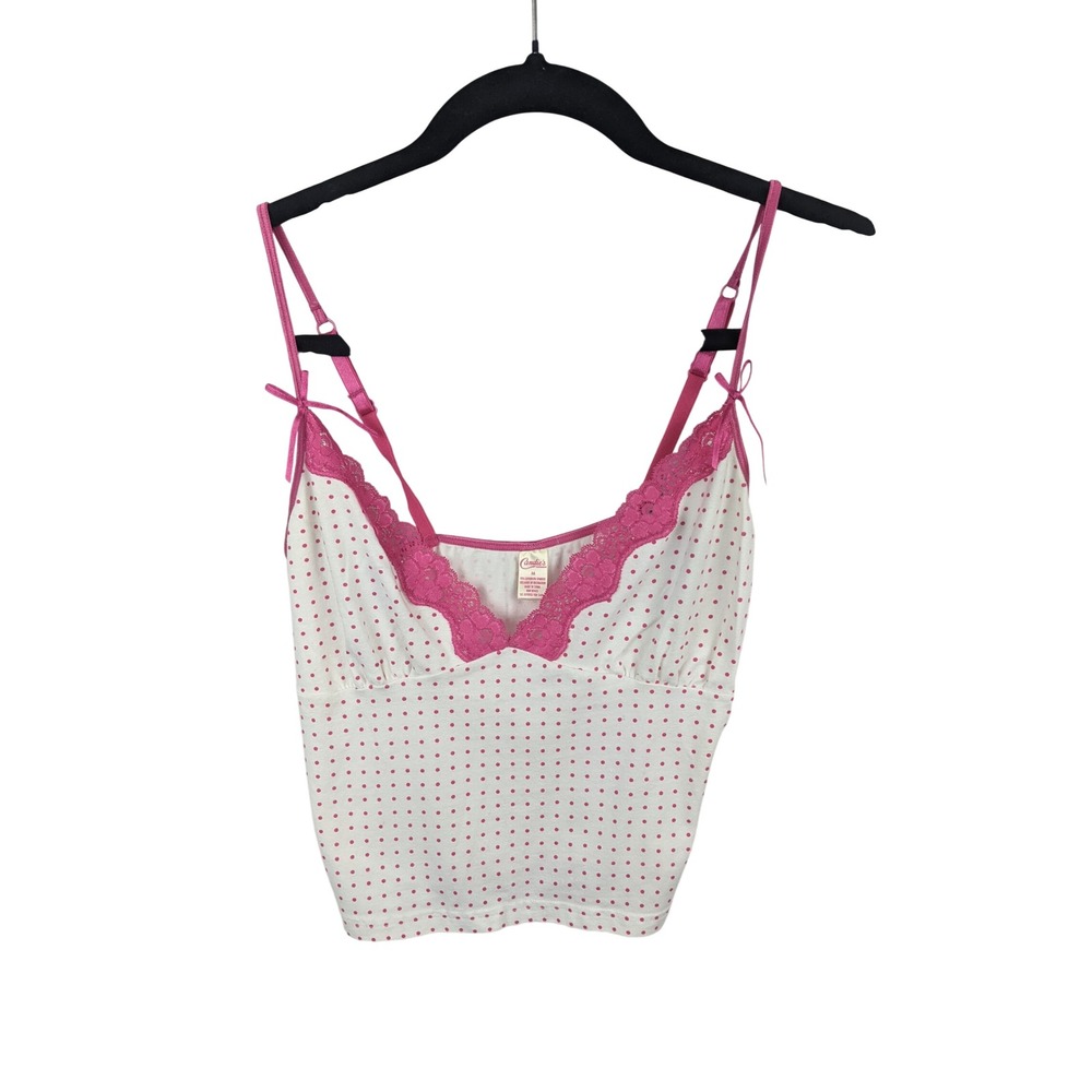 Candies Pink Polka Dot Lace Camisole Top White Medium Y2K Coquette Camie